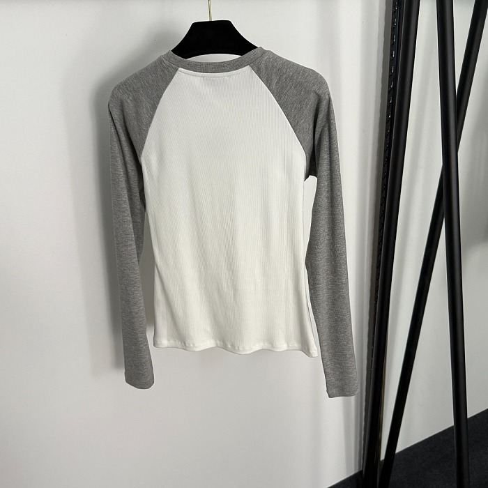 Colorblocked Embroidered Letter Graphic Long Sleeve Cotton Tee