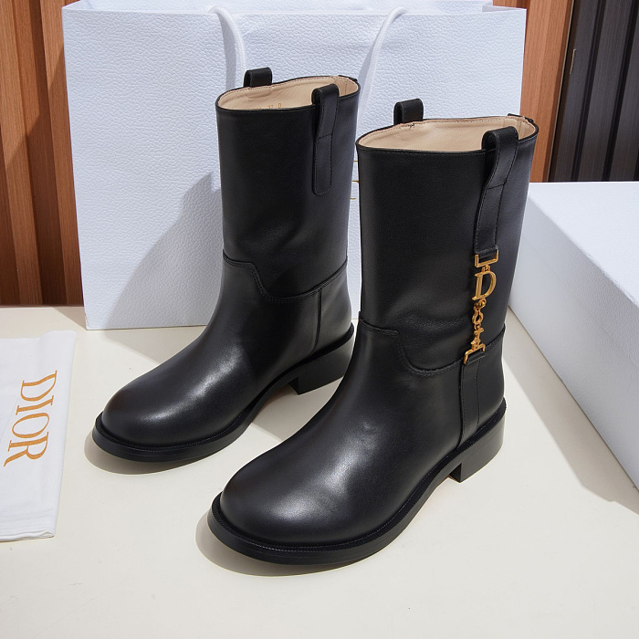 Black Leather Mid-Calf Boots With Metallic Detail