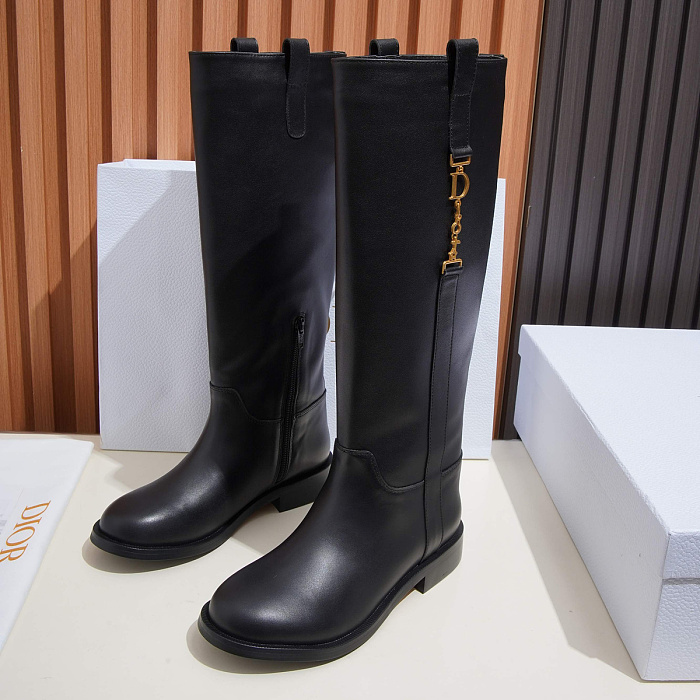 Black Leather Knee High Boots With Metal Chain Detail