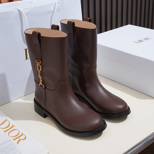 Brown Leather Mid-Calf Boots With Charm