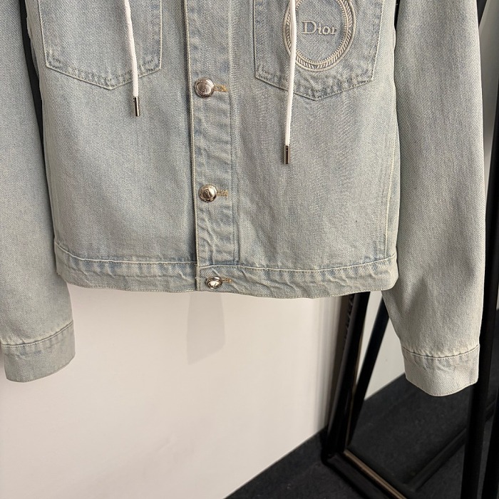 Distressed Bow Letter Embroidered Pocket Washed Denim Hooded Jacket