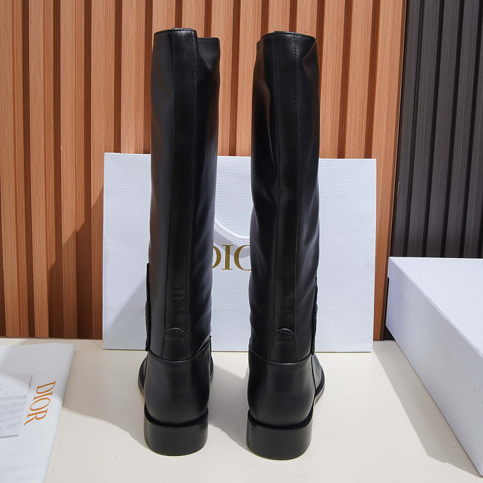 Black Leather Round Toe Low Heel Knee High Boots