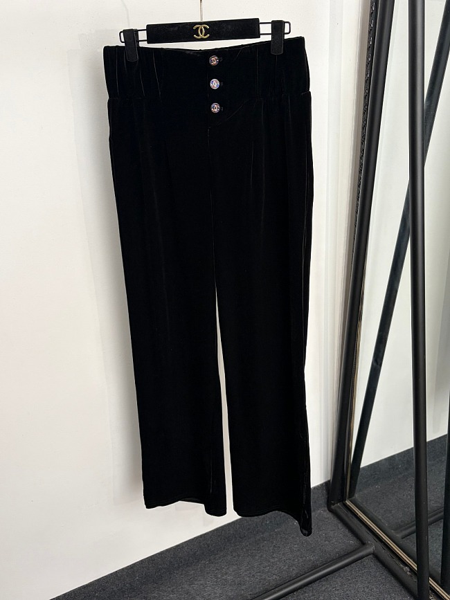 Triple Button High Waist Straight Leg Velvet Long Pants
