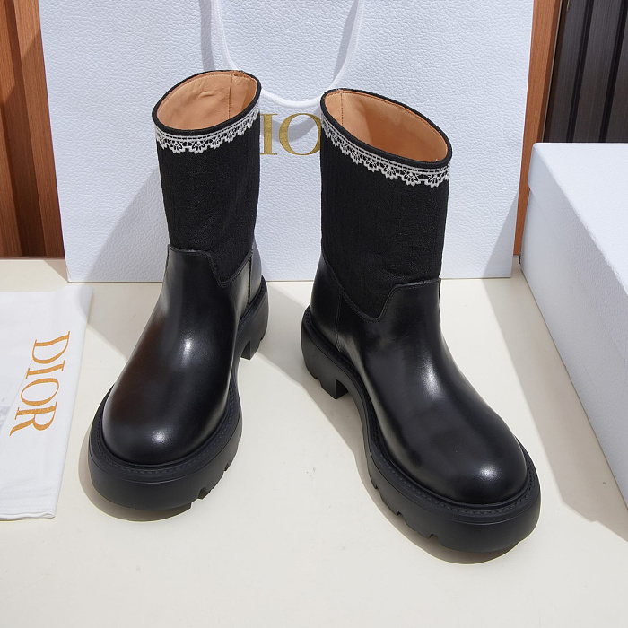 Black Leather Chunky Sole Mid Calf Boots With Contrast Knitted Shaft