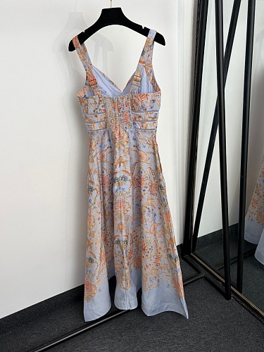 Vintage Floral Print Strapless Waist Cinching Maxi Dress