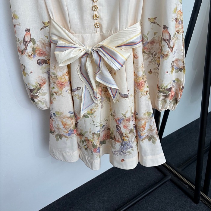 Chic Floral Bird Print Tie Waist Long Sleeve Mini Dress