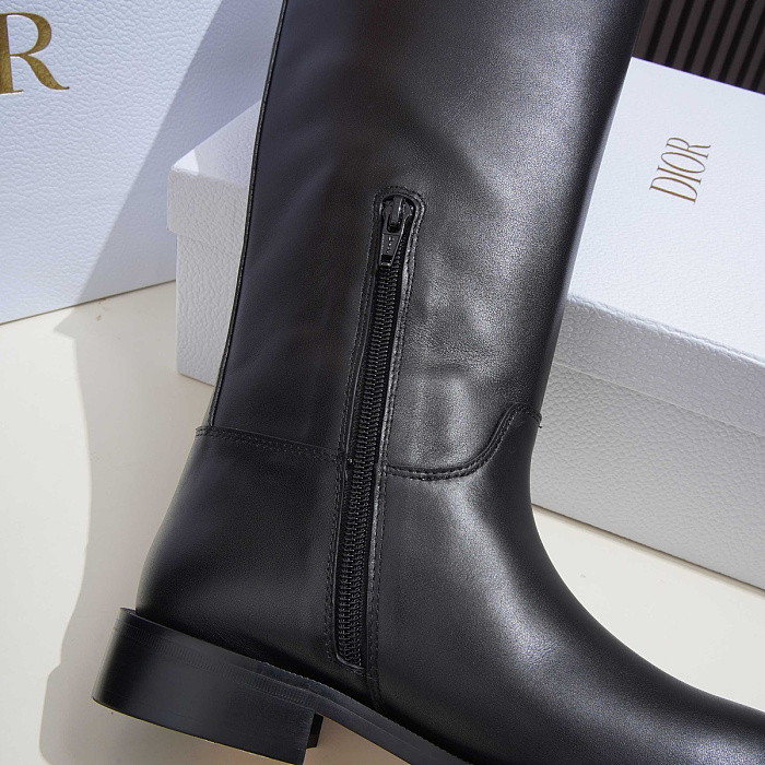 Black Leather Knee High Boots With Metal Chain Detail