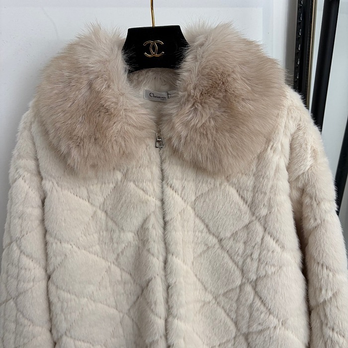 Argyle Plaid Faux Fur Collar Long Sleeve Fluffy Coat