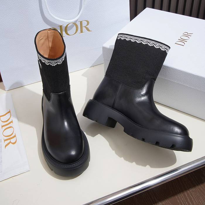 Black Leather Chunky Sole Mid Calf Boots With Contrast Knitted Shaft