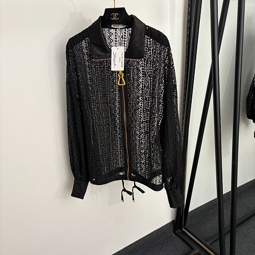 Oversized Metallic Buckle Zip Lace Cutout Lapel Sun Protection Jacket