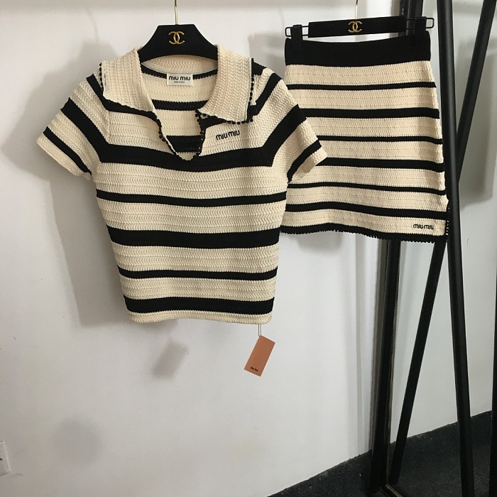 Contrast Striped Lapel Short Sleeve Knit Top And A Line Mini Skirt Set