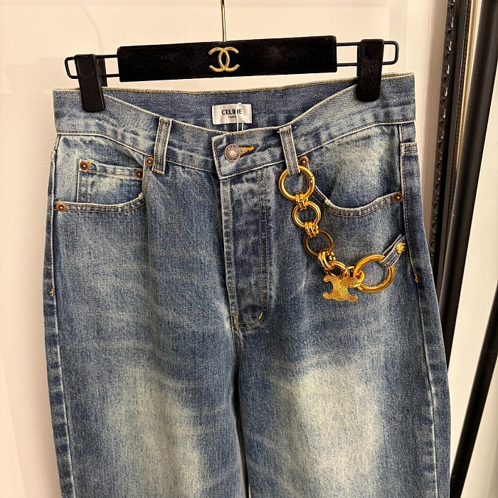 Metal Chain Trim High Waist Slimming Blue Denim Pants