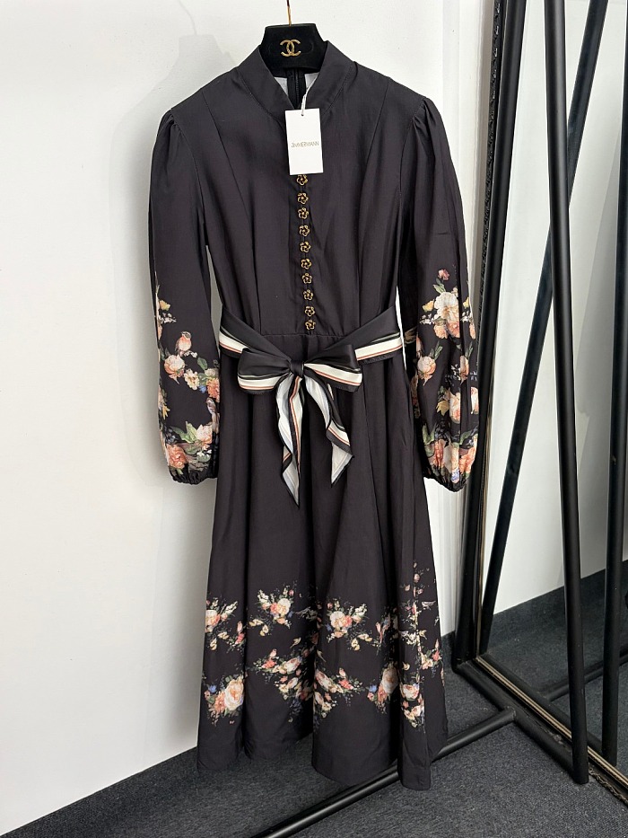 Floral Bird Print Tie Waist Long Sleeve Maxi Dress