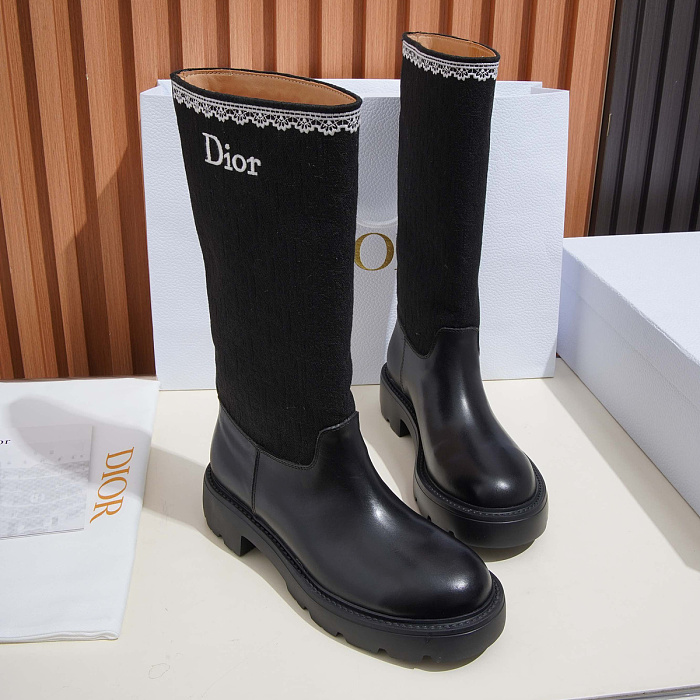 Black Leather And Fabric Contrast Knit Shaft Chunky Lug Sole Boots