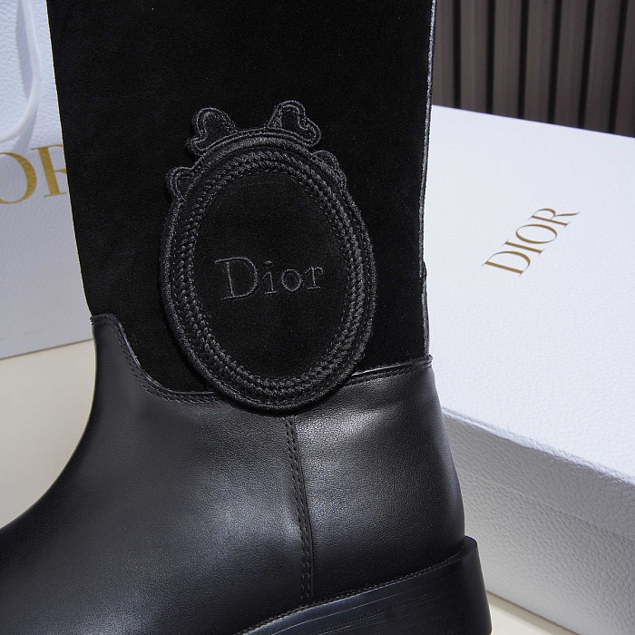 Black Suede And Leather Knee High Boots With Round