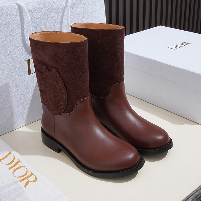 Two-Tone Leather Suede Mid-Calf Boots With Round