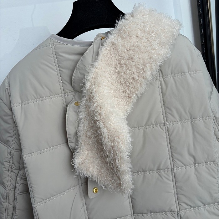 Detachable Faux Fur Collar Quilted Embroidered Belted Slim Cotton Coat