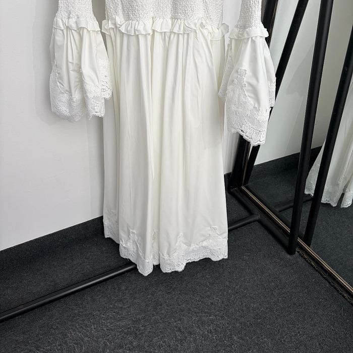 Elegant Lace Ruffle Waist Flared Long Sleeve Maxi Dress