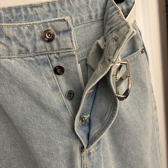 Distressed Wash High Waist Belted Wide Leg Denim Pants