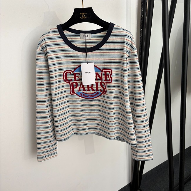 Flock Letter Print Contrast Stripe Long Sleeve Tee