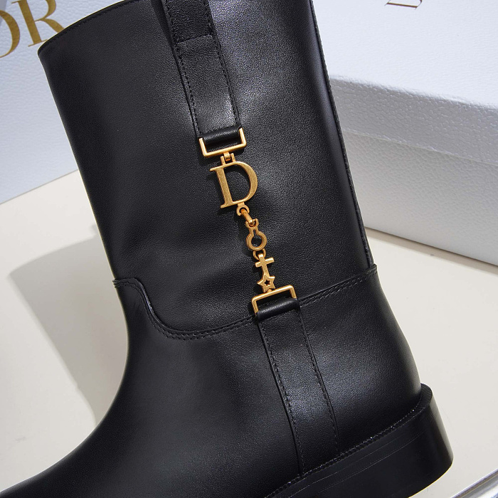Black Leather Mid-Calf Boots With Metallic Detail