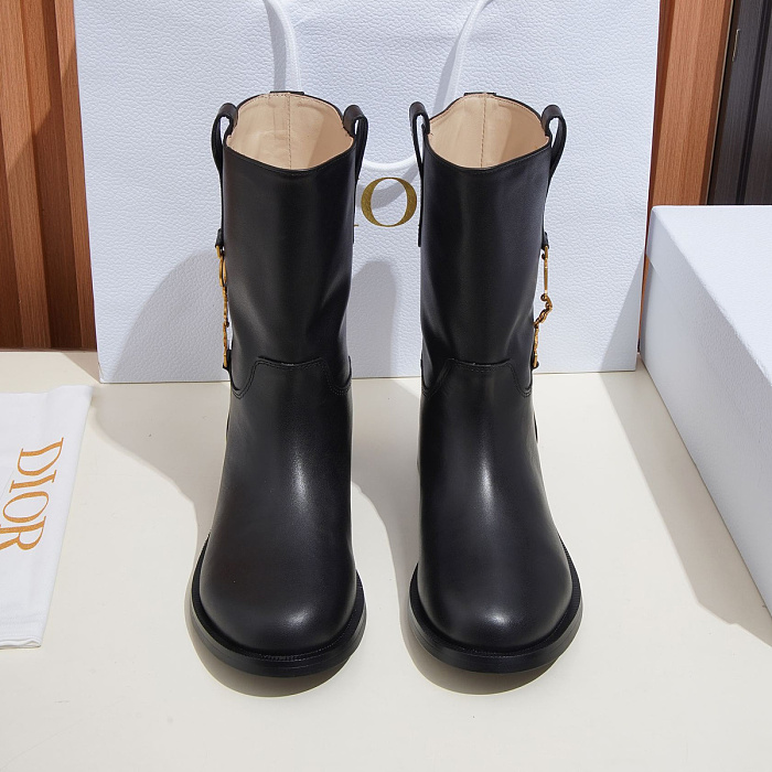 Black Leather Mid-Calf Boots With Metallic Detail