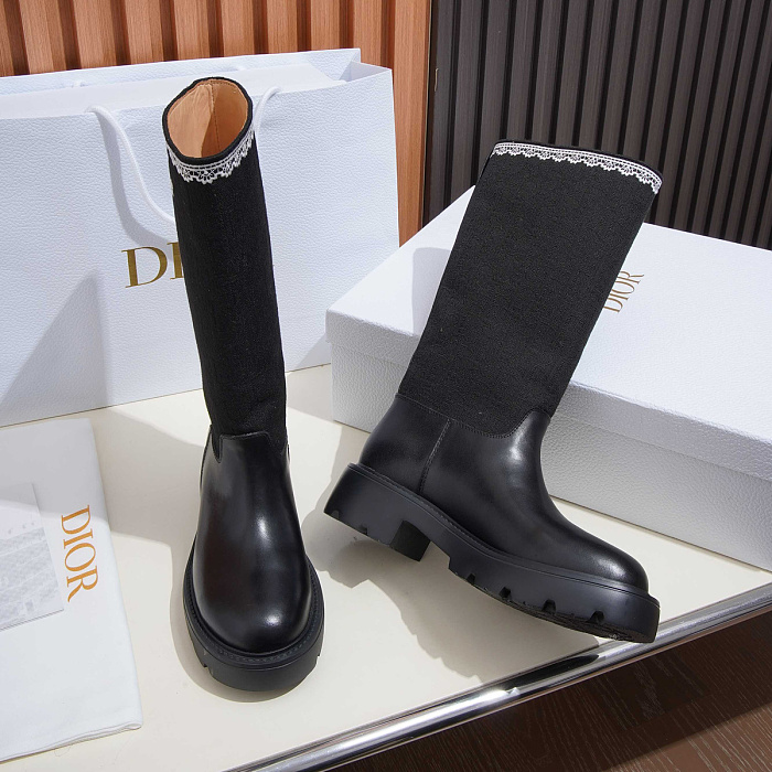 Black Leather And Fabric Contrast Knit Shaft Chunky Lug Sole Boots