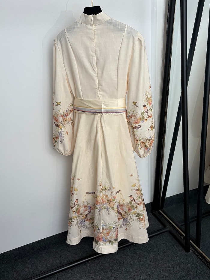 Floral Bird Print Tied Waist Long Sleeve Maxi Dress