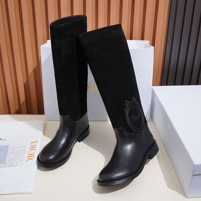 Black Suede And Leather Knee High Boots With Round