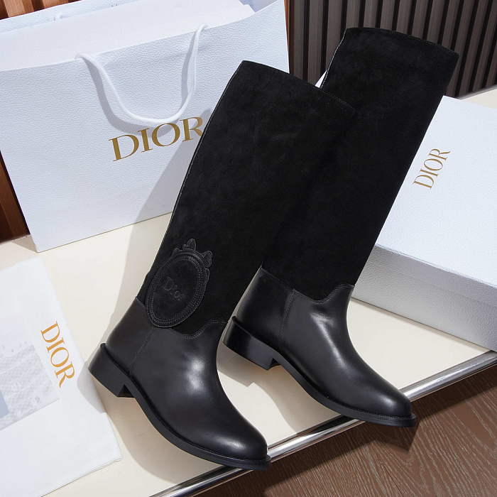 Black Suede And Leather Knee High Boots With Round