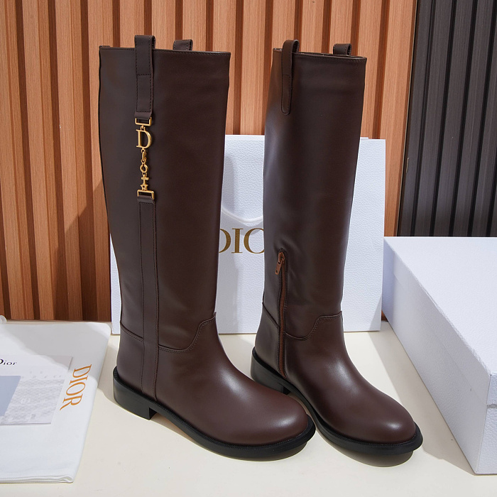 Brown Knee High Riding Boots With Metal Detail