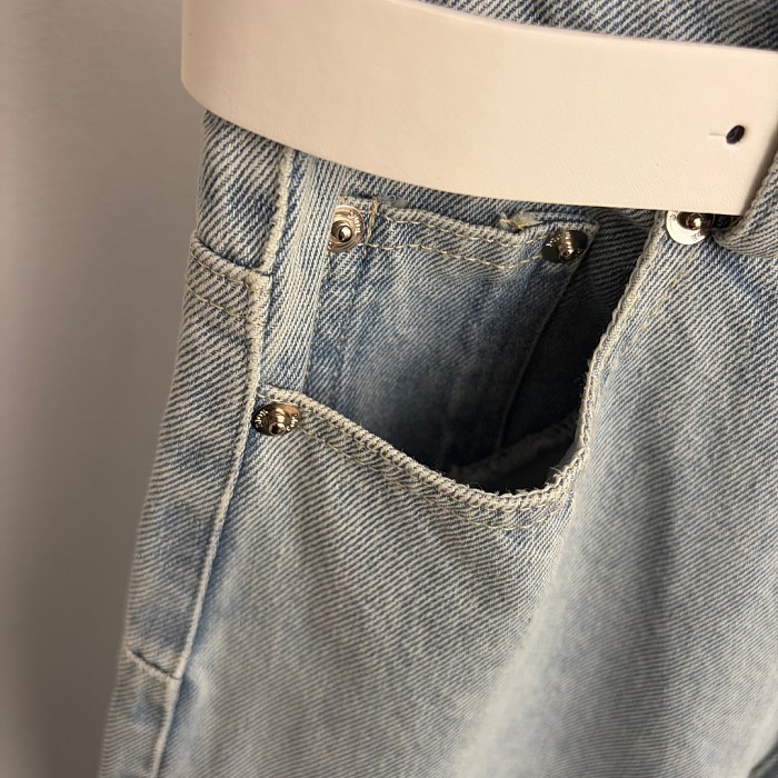 Distressed Wash High Waist Belted Wide Leg Denim Pants