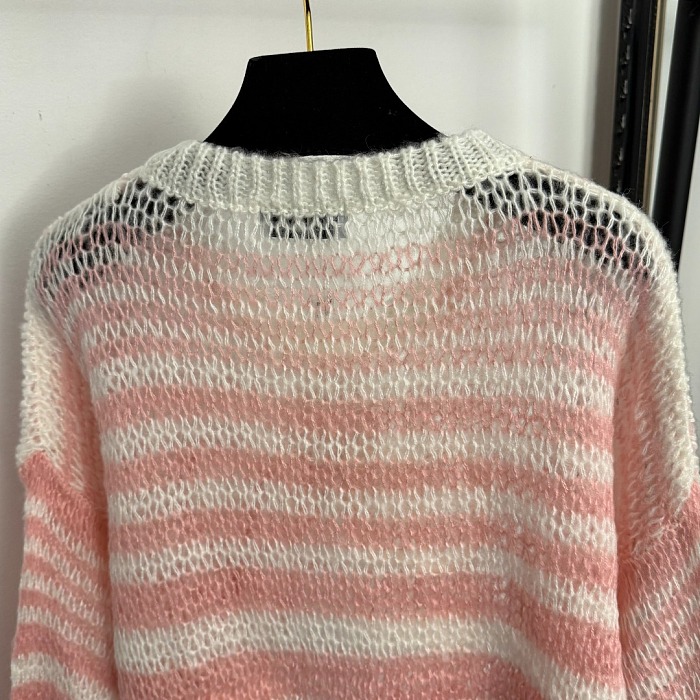 Color Block Striped Cutout Mohair Knit Sweater With Graphic Detail
