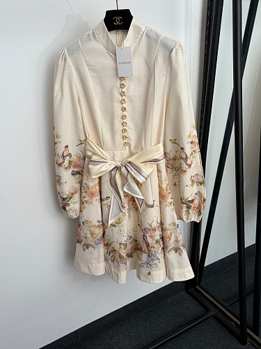 Chic Floral Bird Print Tie Waist Long Sleeve Mini Dress