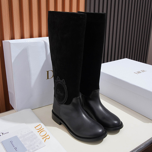 Black Suede And Leather Knee High Boots With Round