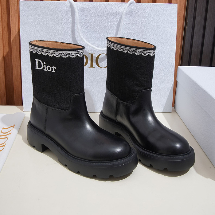 Black Leather Chunky Sole Mid Calf Boots With Contrast Knitted Shaft