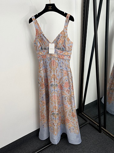 Vintage Floral Print Strapless Waist Cinching Maxi Dress