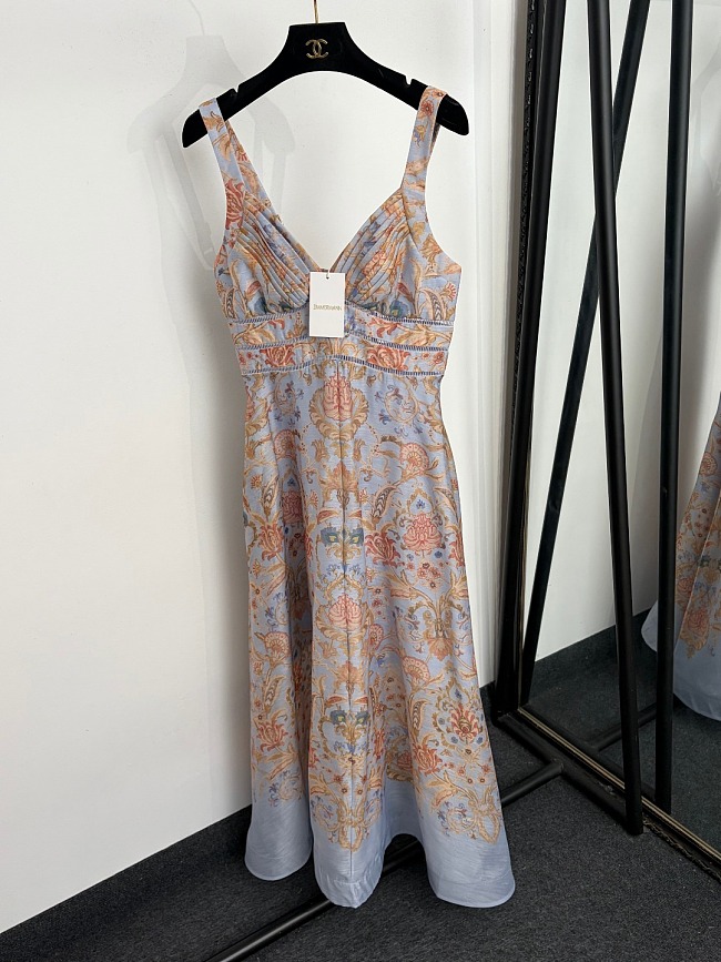 Vintage Floral Print Strapless Waist Cinching Maxi Dress