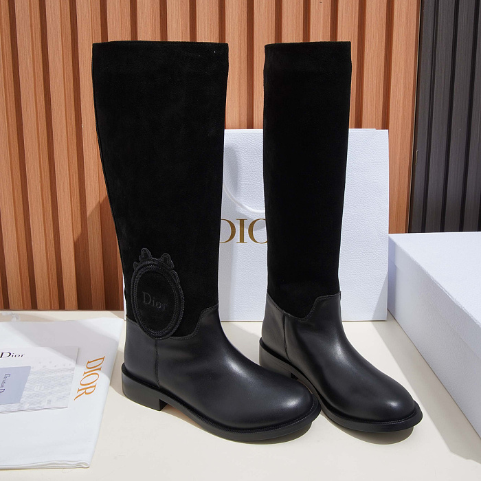 Black Suede And Leather Knee High Boots With Round