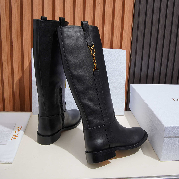 Black Leather Knee High Boots With Metal Chain Detail