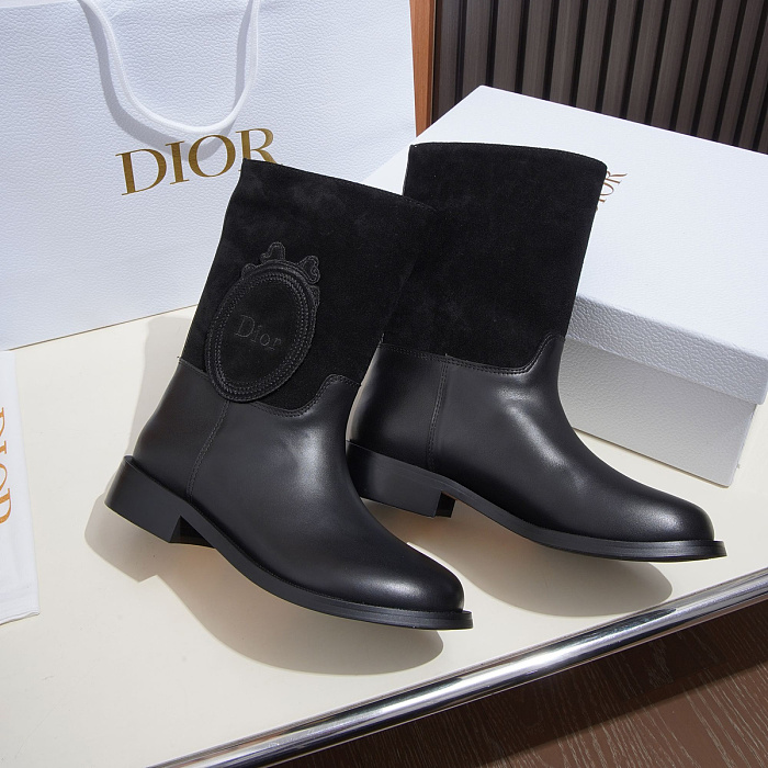 Black Leather And Suede Panel Round Toe Mid Calf Boots