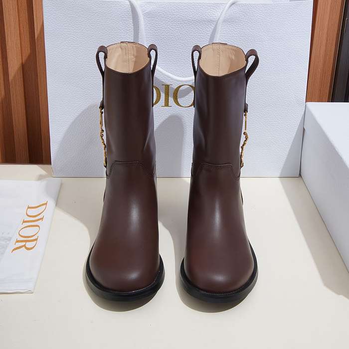 Brown Leather Mid-Calf Boots With Charm