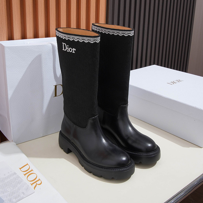 Black Leather And Fabric Contrast Knit Shaft Chunky Lug Sole Boots