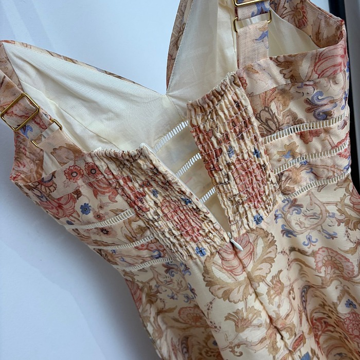 Vintage Floral Print Strapless Waist Cinching Maxi Dress