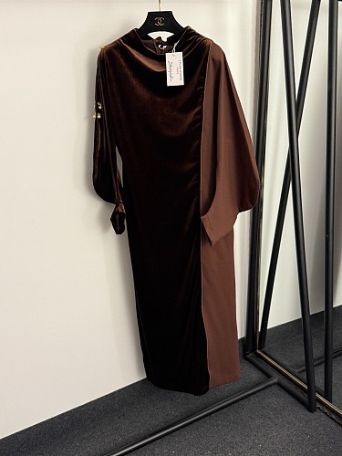 Rhinestone Gold Hardware Velvet Patchwork Stand Collar Long Sleeve Dress
