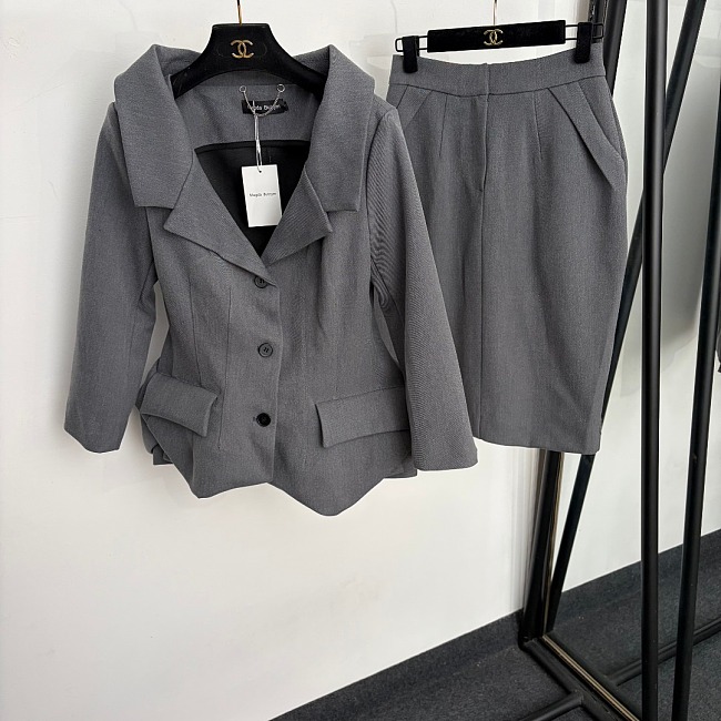Asymmetrical Slim Fit Long Sleeve Blazer And Slit Mini Skirt Suit