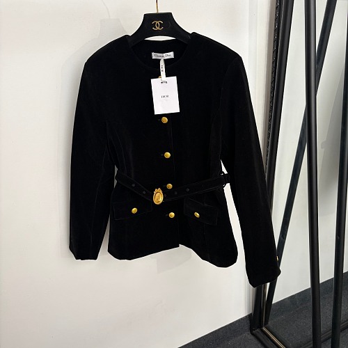 Bow Detail Gold Button Velvet Slim Fit Belted Blazer Jacket