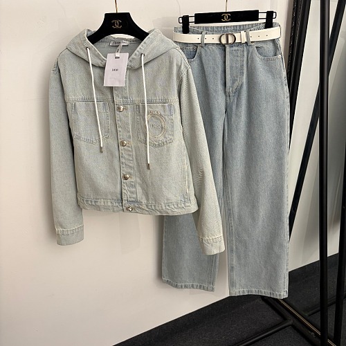 Bow Embroidered Pocket Hooded Denim Jacket And High Waist Jeans Set
