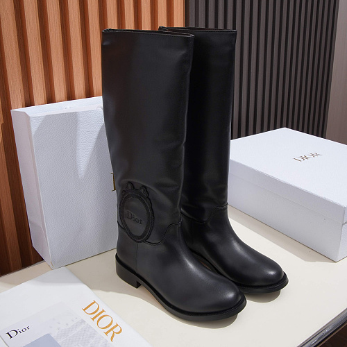 Black Leather Round Toe Low Heel Knee High Boots
