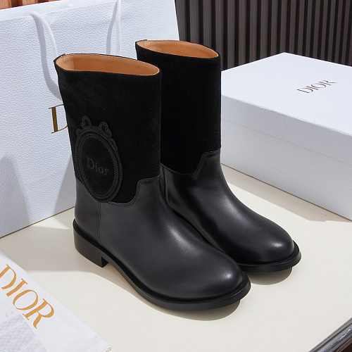 Black Leather And Suede Panel Round Toe Mid Calf Boots